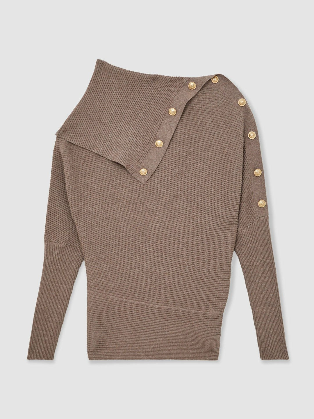 Rib-Knit Button Shawl Jumper in Taupe | Reiss Women Best Seller