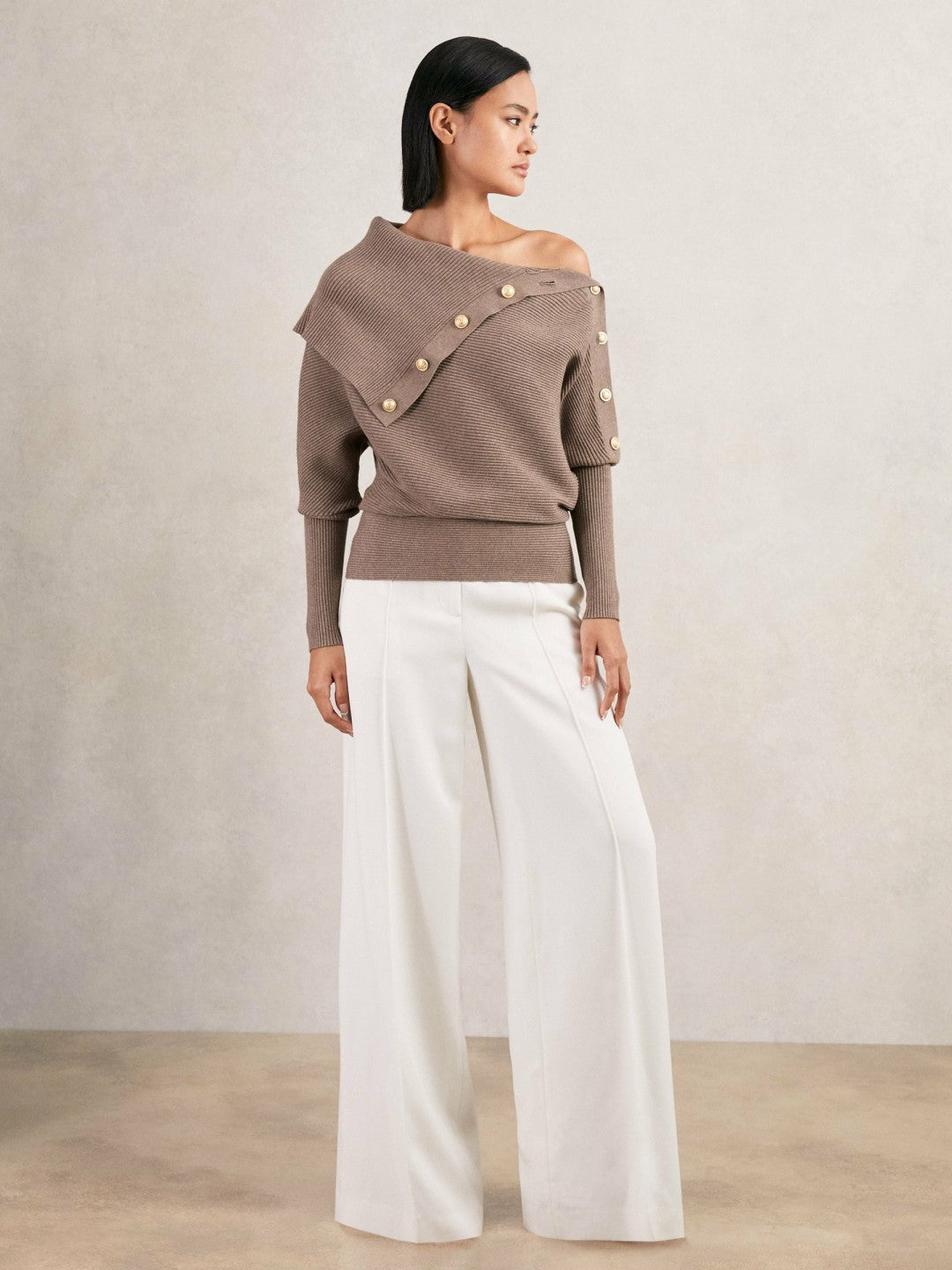 Rib-Knit Button Shawl Jumper in Taupe | Reiss Women Best Seller