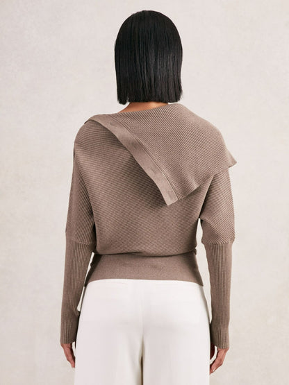 Rib-Knit Button Shawl Jumper in Taupe | Reiss Women Best Seller