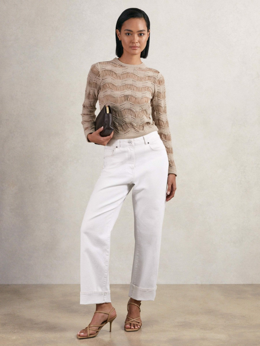 Cotton Blend Ladder Knit Top in Taupe Neutral | Reiss Women Featured