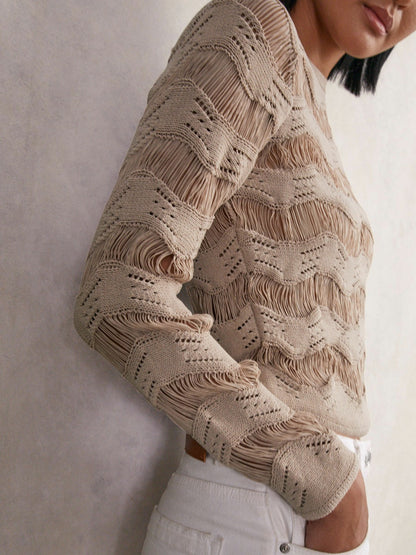 Cotton Blend Ladder Knit Top in Taupe Neutral | Reiss Women Featured