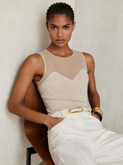 Mesh Rib-Knit Sweetheart Vest in Pink Neutral | Reiss Women Trending