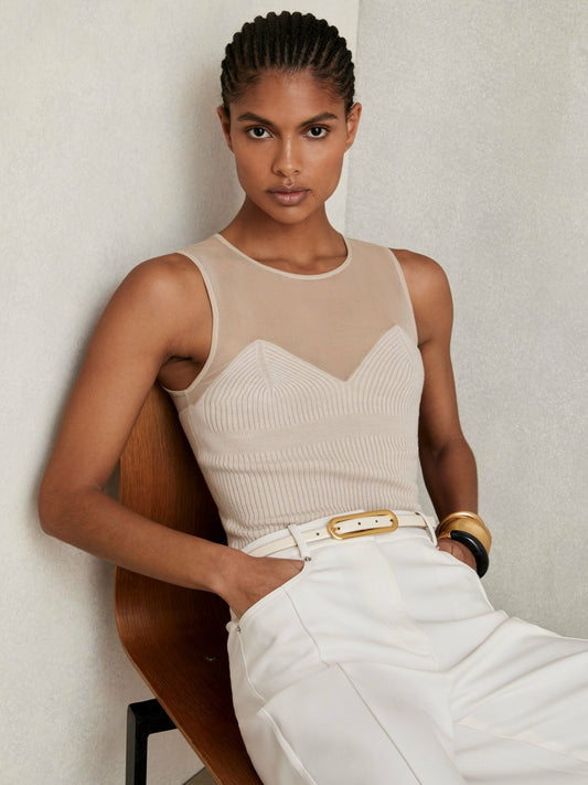 Mesh Rib-Knit Sweetheart Vest in Pink Neutral | Reiss Women Trending