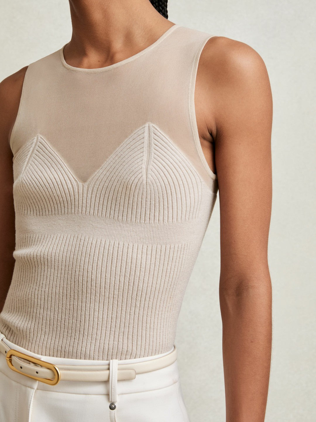 Mesh Rib-Knit Sweetheart Vest in Pink Neutral | Reiss Women Trending