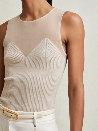 Mesh Rib-Knit Sweetheart Vest in Pink Neutral | Reiss Women Trending