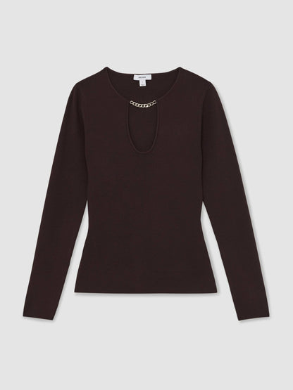 Chain-Detail Keyhole Knit Top in Plum | Reiss Women New