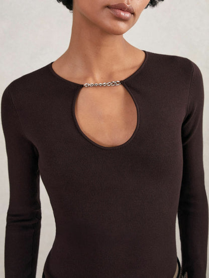 Chain-Detail Keyhole Knit Top in Plum | Reiss Women New