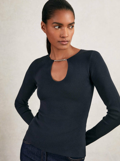 Chain-Detail Keyhole Knit Top in Navy | Reiss Women New