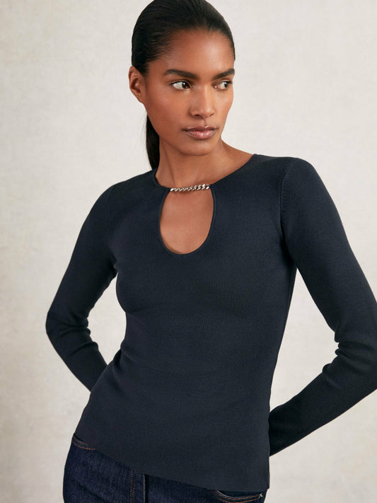 Chain-Detail Keyhole Knit Top in Navy | Reiss Women New