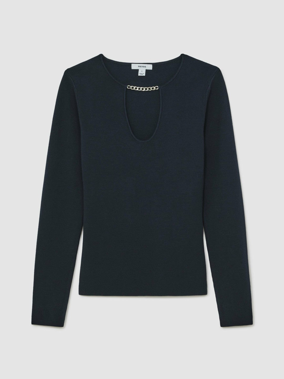 Chain-Detail Keyhole Knit Top in Navy | Reiss Women New