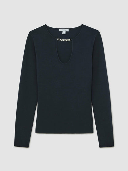 Chain-Detail Keyhole Knit Top in Navy | Reiss Women New