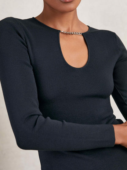Chain-Detail Keyhole Knit Top in Navy | Reiss Women New