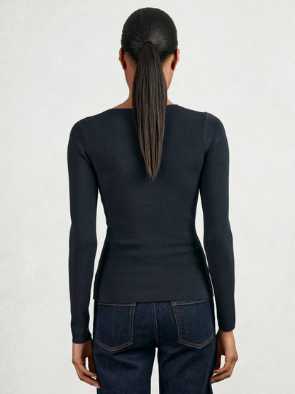Chain-Detail Keyhole Knit Top in Navy | Reiss Women New