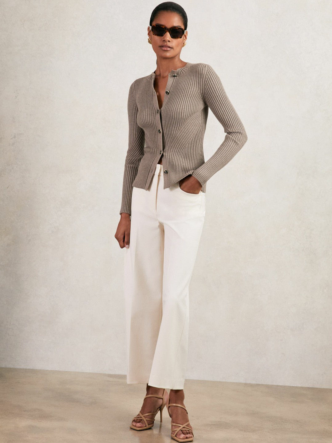 Button Front Knit Cardigan in Stone | Reiss Women Best Seller
