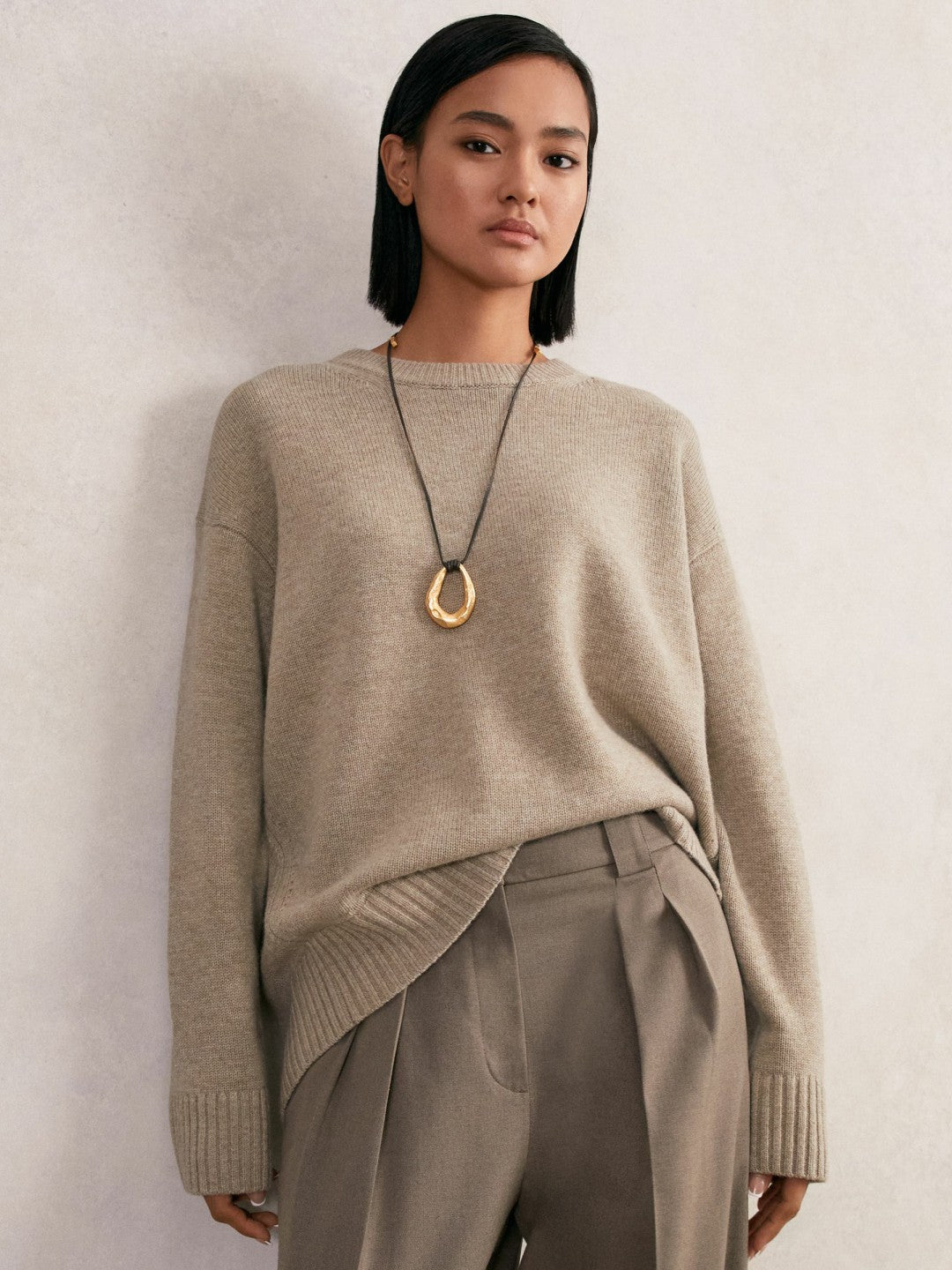 Wool-Cashmere Crew-Neck Jumper in Stone | Reiss Women Signature