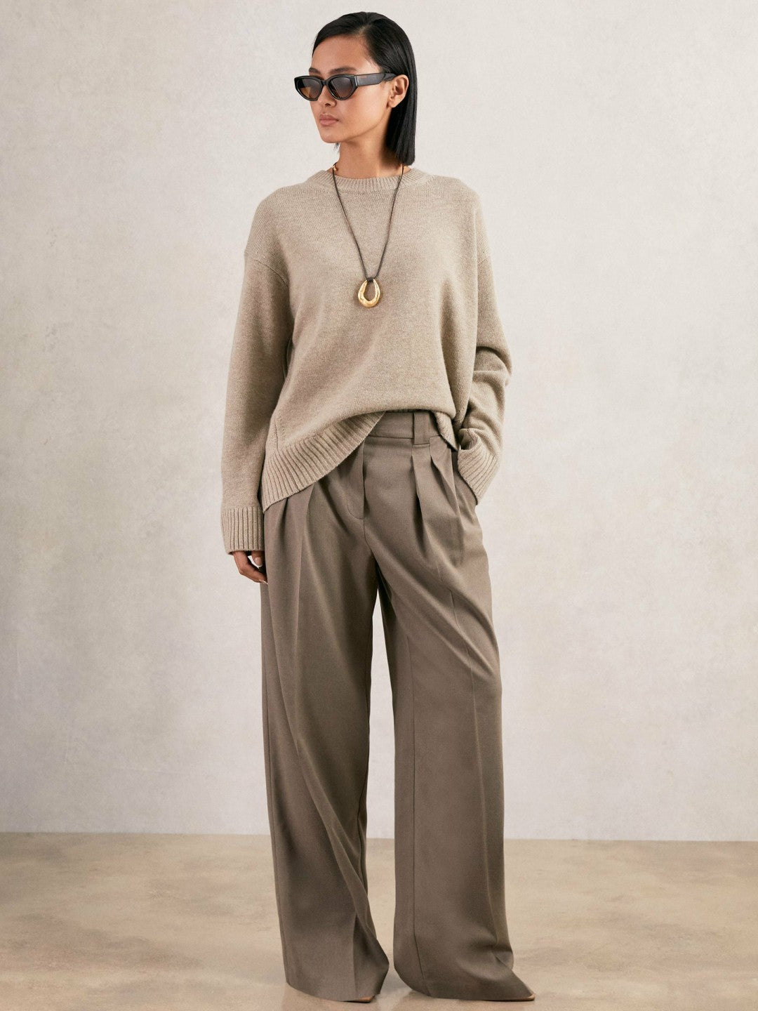 Wool-Cashmere Crew-Neck Jumper in Stone | Reiss Women Signature