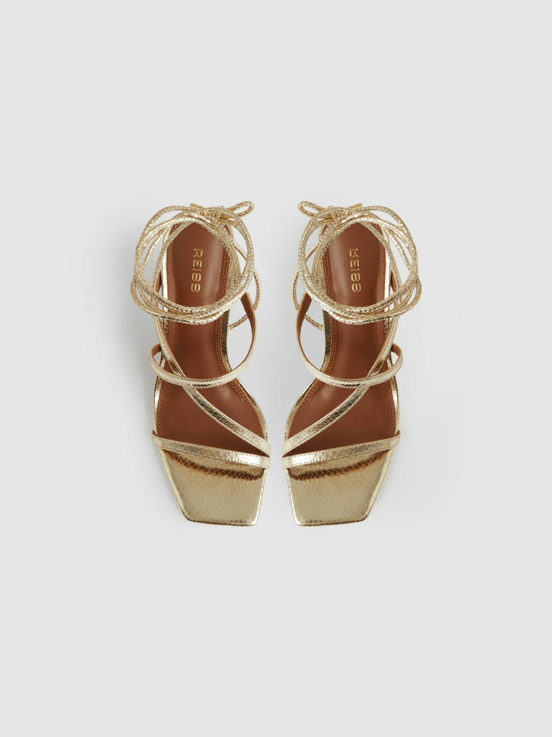 Leather Metallic Strappy Heeled Sandals in Gold | Reiss Women Premium