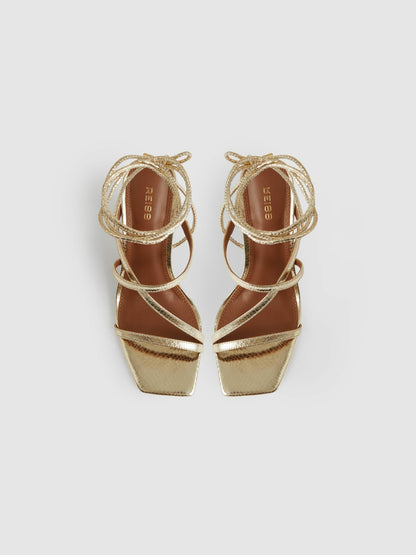 Leather Metallic Strappy Heeled Sandals in Gold | Reiss Women Premium