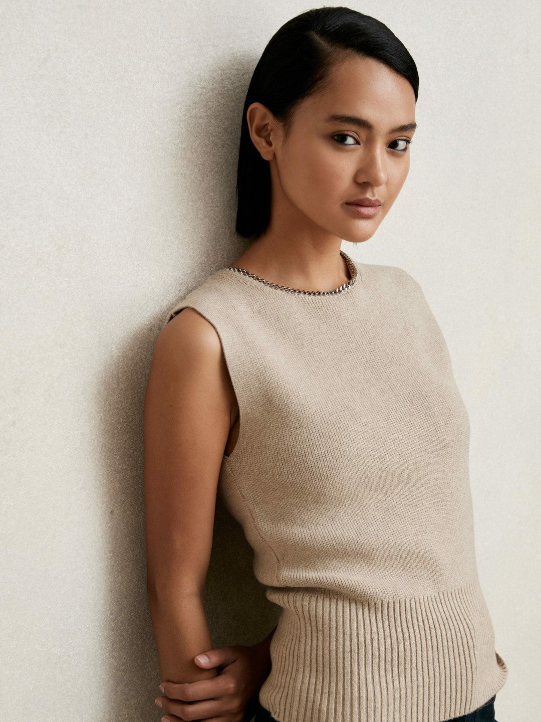Wool-Blend Necklace-Trim Knitted Vest in Neutral | Reiss Women Premium