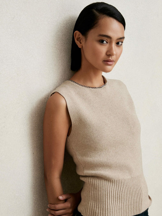 Wool-Blend Necklace-Trim Knitted Vest in Neutral | Reiss Women Premium