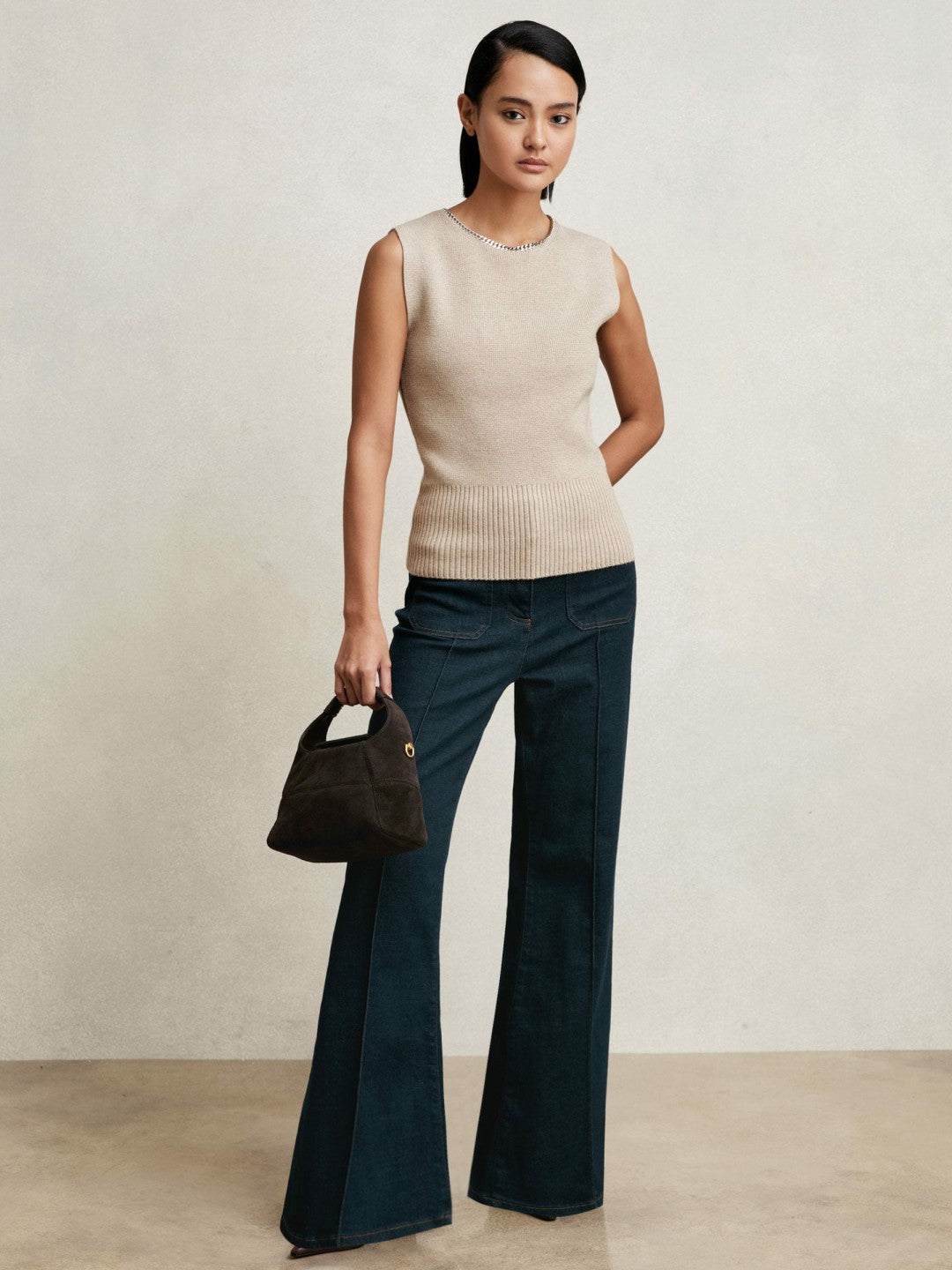 Wool-Blend Necklace-Trim Knitted Vest in Neutral | Reiss Women Premium