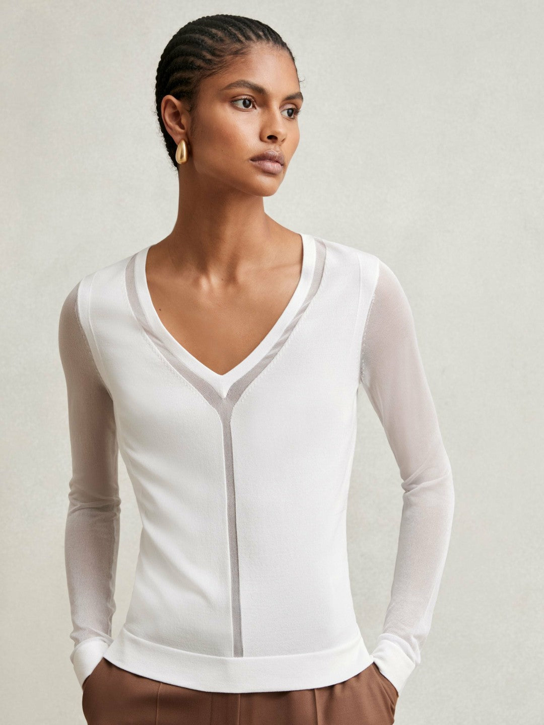 Sheer-Detail V-Neck Top in White | Reiss Women Popular