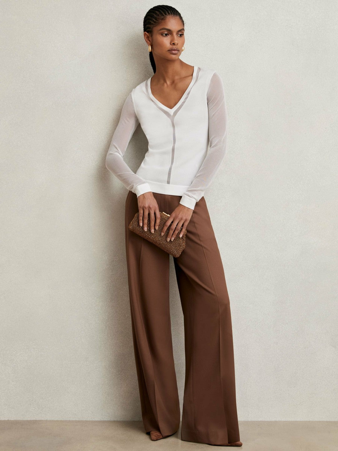 Sheer-Detail V-Neck Top in White | Reiss Women Popular