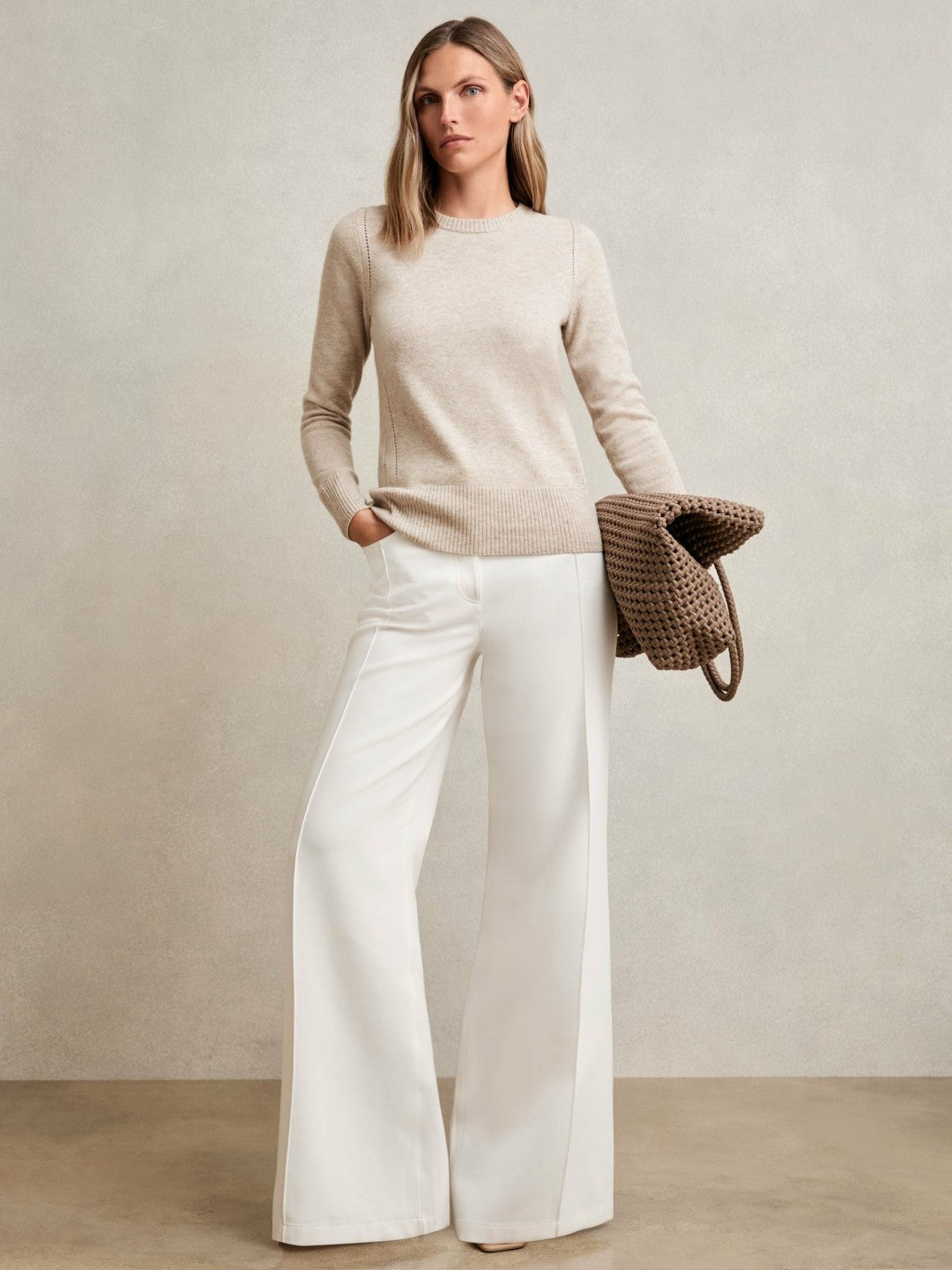 Wool-Blend Open-Stitch Jumper with Cashmere in Oatmeal Neutral | Reiss Women New