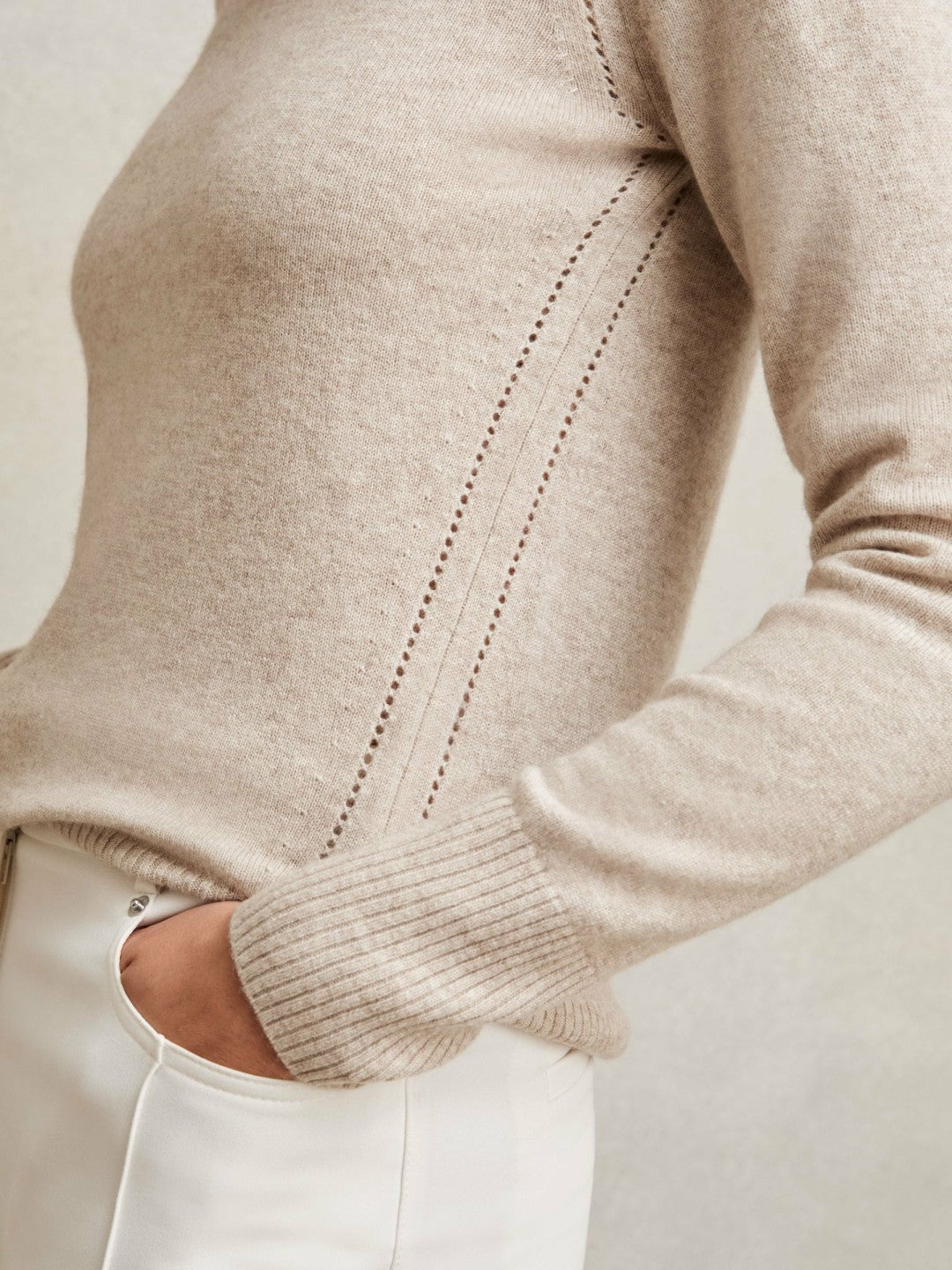 Wool-Blend Open-Stitch Jumper with Cashmere in Oatmeal Neutral | Reiss Women New