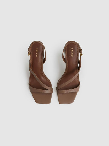 Leather Cross-Strap Heeled Sandals in Neutral | Reiss Women Exclusive