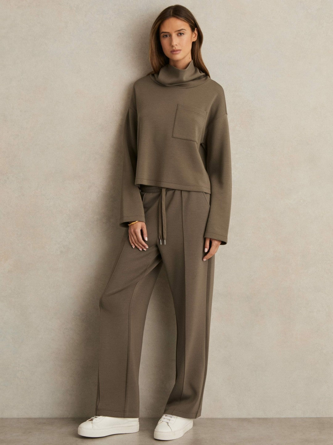 Petite Modal-Blend Interlock Wide-Leg Joggers in Khaki Green | Reiss Women New