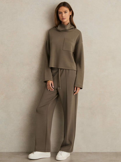 Petite Modal-Blend Interlock Wide-Leg Joggers in Khaki Green | Reiss Women New