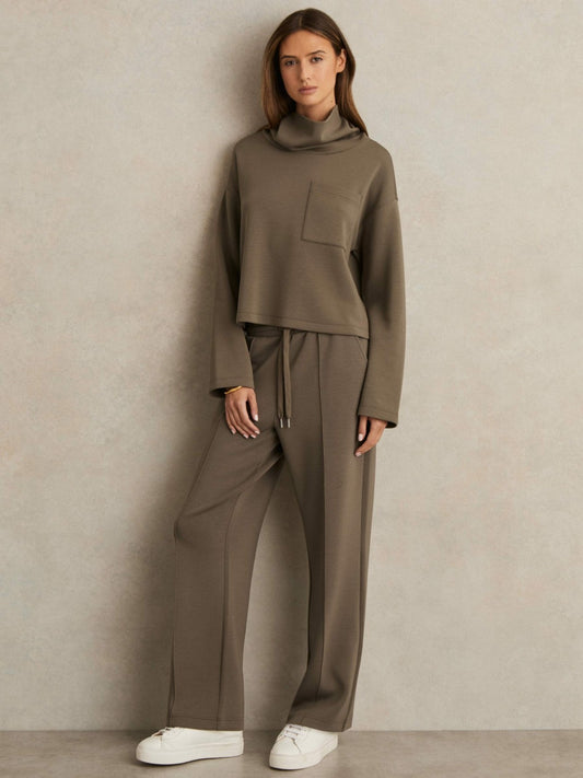 Petite Modal-Blend Interlock Wide-Leg Joggers in Khaki Green | Reiss Women New