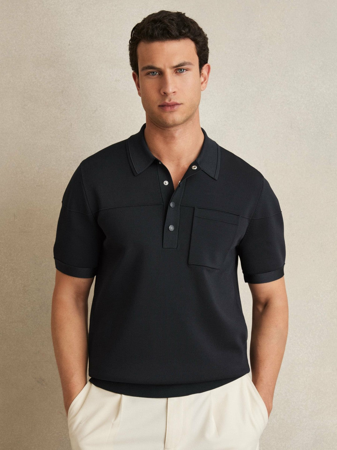 Press-Stud Seam-Detail Polo Shirt in Navy | Reiss Men Best Seller
