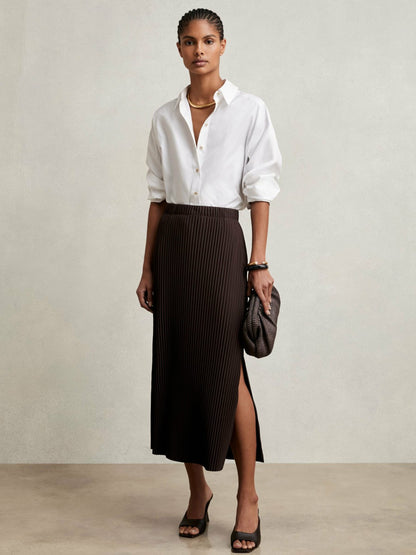 Pleated Jersey Midi Skirt in Burgundy | Reiss Women Premium