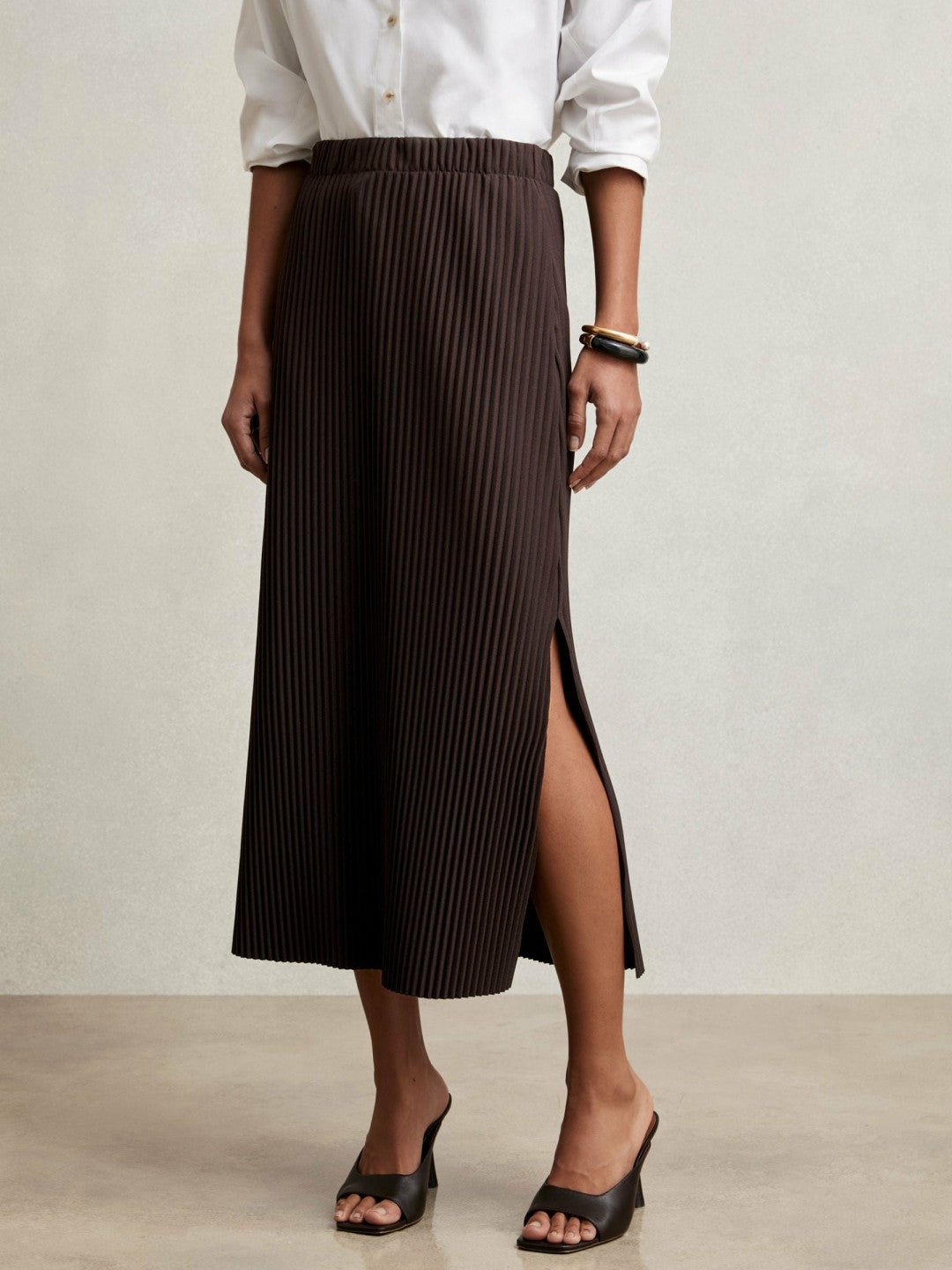 Pleated Jersey Midi Skirt in Burgundy | Reiss Women Premium