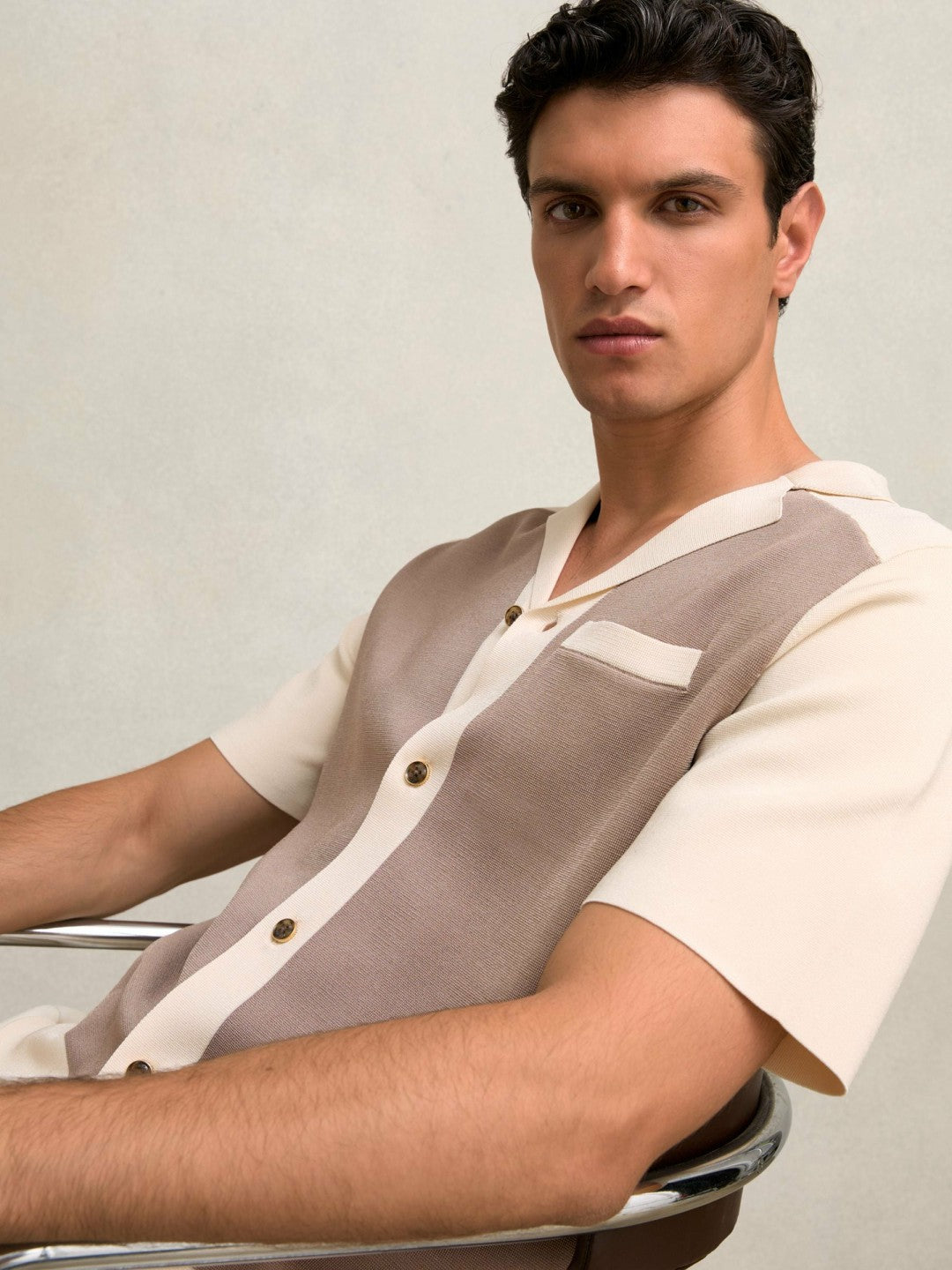 Colour-Block Cuban-Collar Knit Shirt in Taupe Brown/Light Stone | Reiss Men Popular