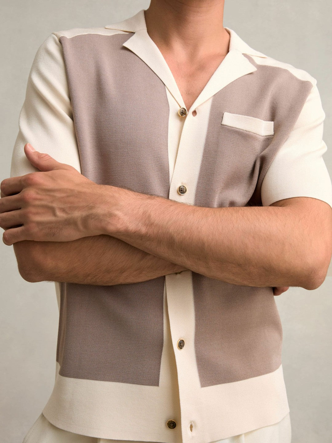 Colour-Block Cuban-Collar Knit Shirt in Taupe Brown/Light Stone | Reiss Men Popular
