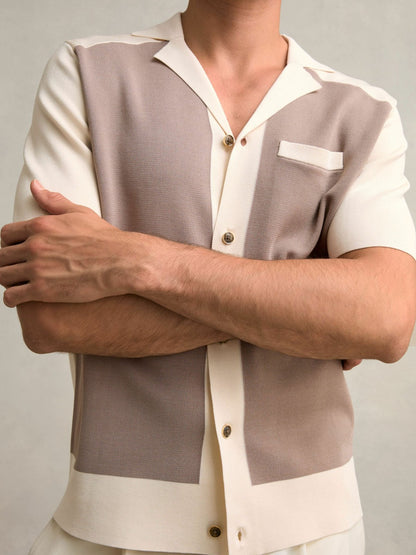 Colour-Block Cuban-Collar Knit Shirt in Taupe Brown/Light Stone | Reiss Men Popular