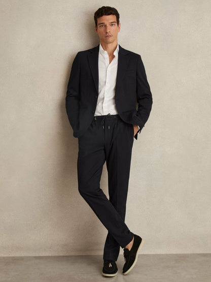 Slim Fit Jersey Drawstring Suit Trousers in Navy | Reiss Men Premium