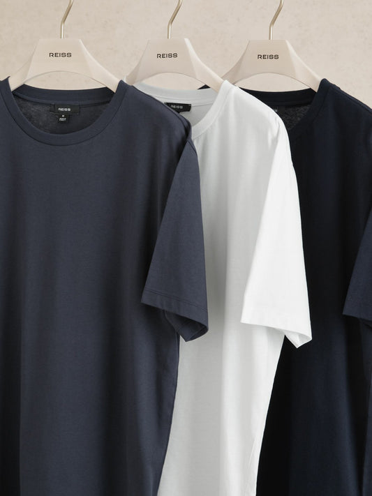 Cotton Crew-Neck T-shirts 3 Pack in White/Navy/Airforce Blue | Reiss Men Best Seller