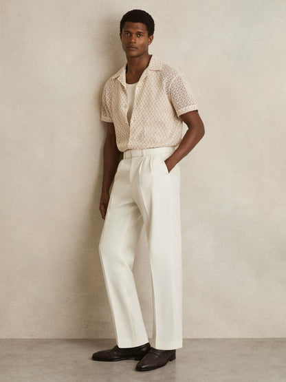 Wool-Blend Belted Pleated Trousers Regular-Fit in White | Reiss Men Recommended