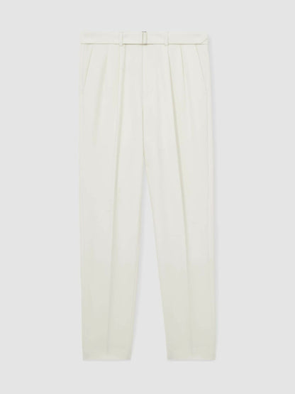 Wool-Blend Belted Pleated Trousers Regular-Fit in White | Reiss Men Recommended