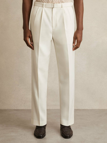Wool-Blend Belted Pleated Trousers Regular-Fit in White | Reiss Men Recommended
