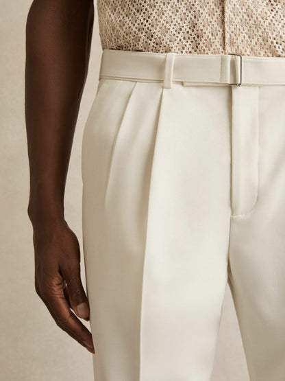 Wool-Blend Belted Pleated Trousers Regular-Fit in White | Reiss Men Recommended