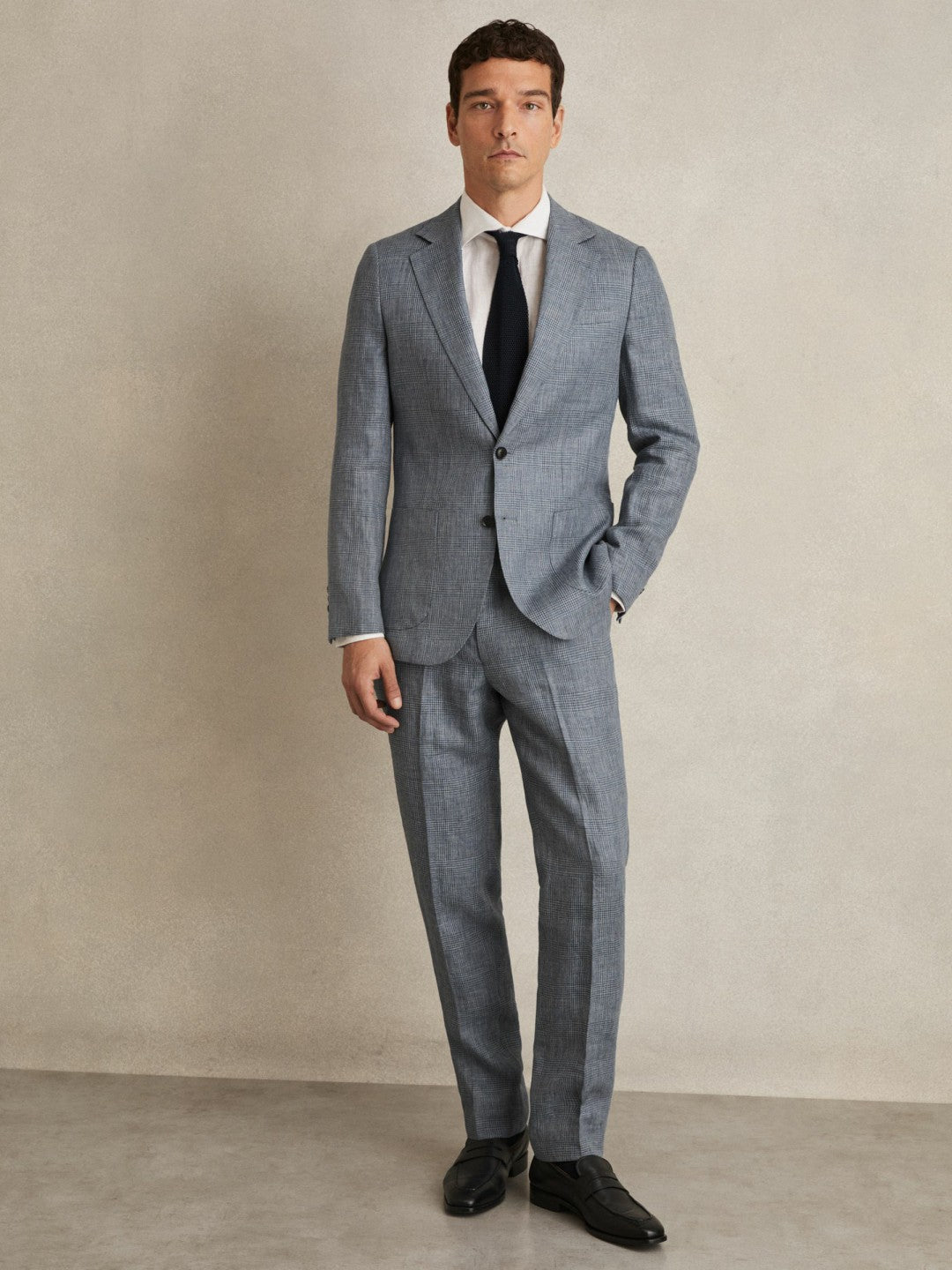 Slim Fit Linen Check Suit Trousers in Soft Blue | Reiss Men Recommended