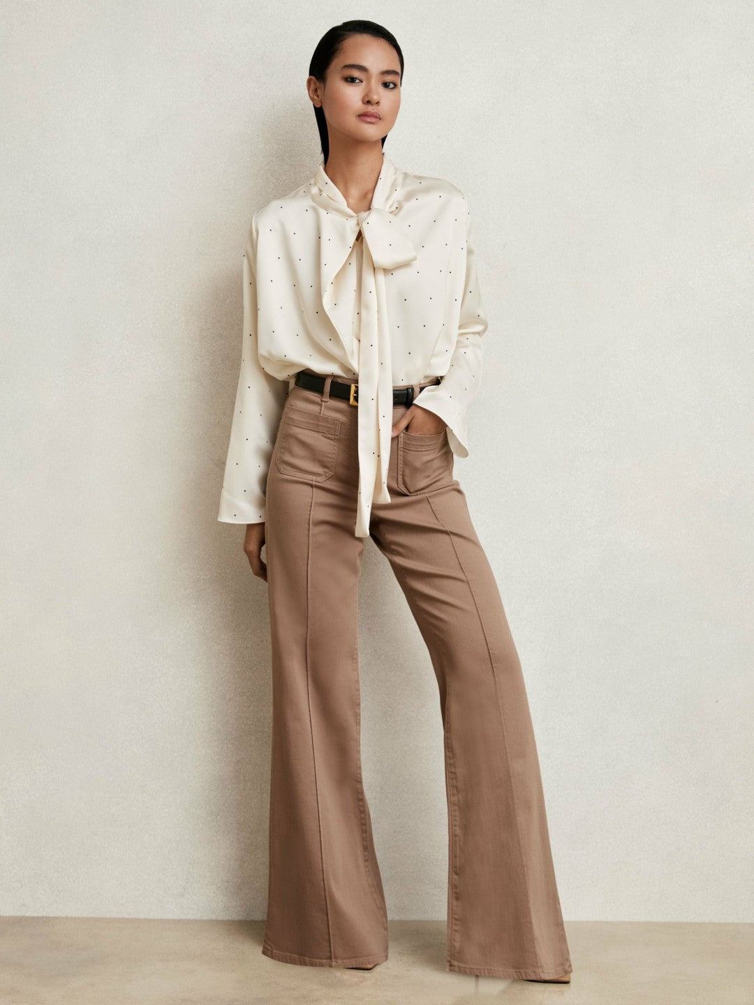 Satin Polka Dot Tie Neck Blouse in Ivory | Reiss Women Recommended