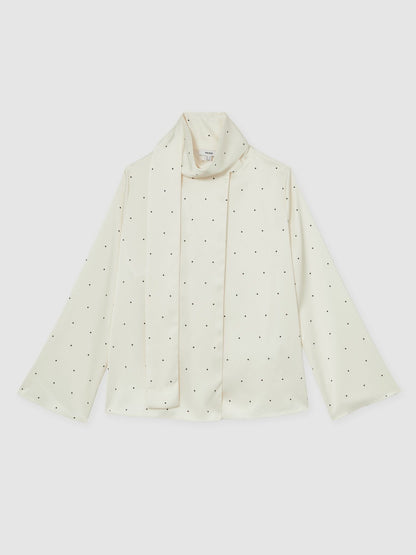 Satin Polka Dot Tie Neck Blouse in Ivory | Reiss Women Recommended
