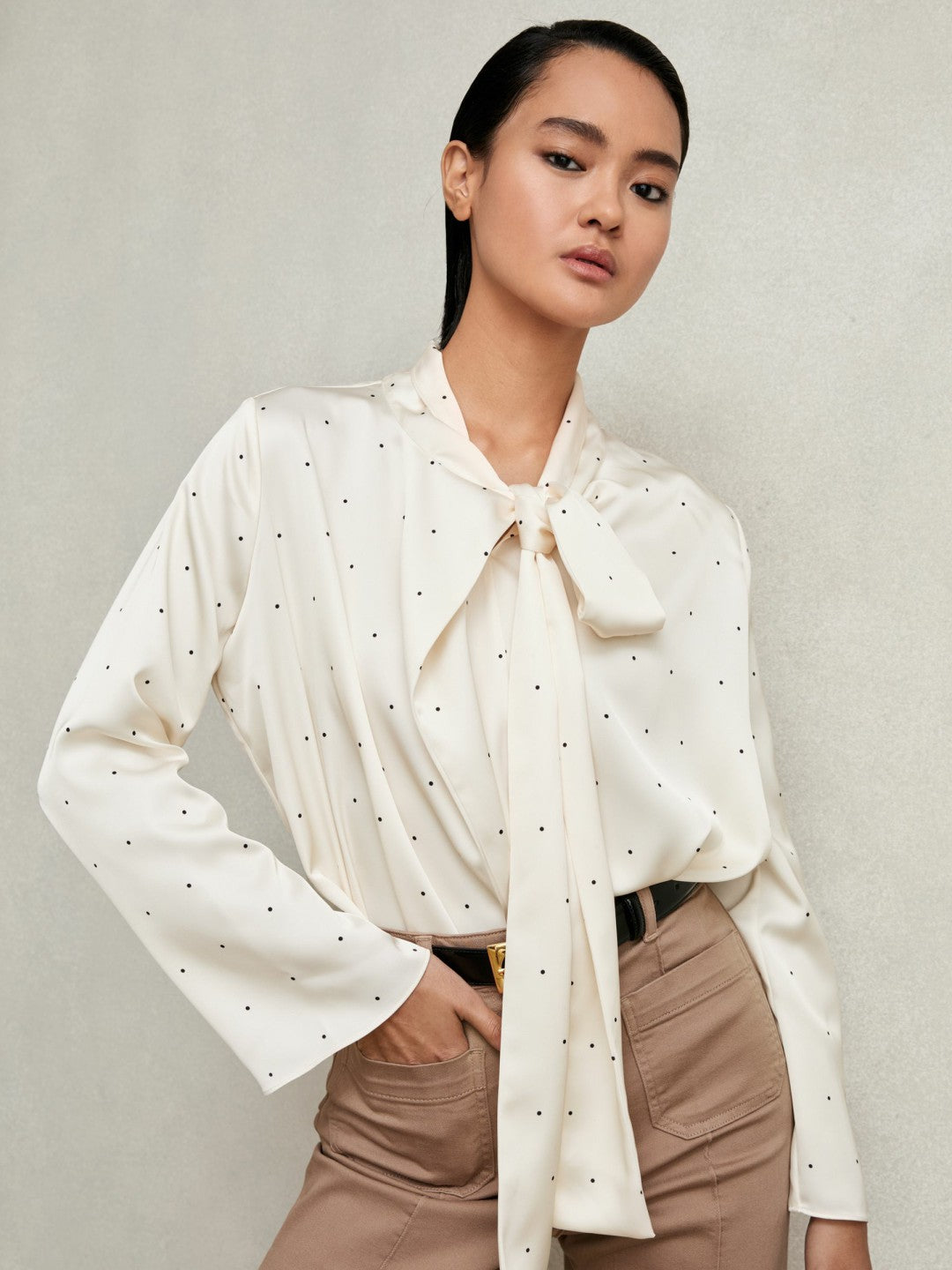 Satin Polka Dot Tie Neck Blouse in Ivory | Reiss Women Recommended