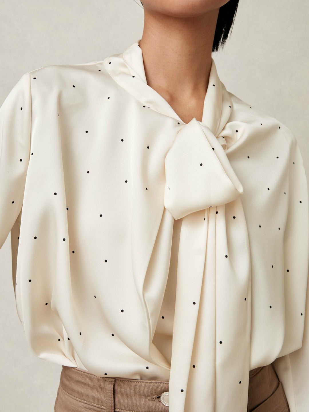 Satin Polka Dot Tie Neck Blouse in Ivory | Reiss Women Recommended